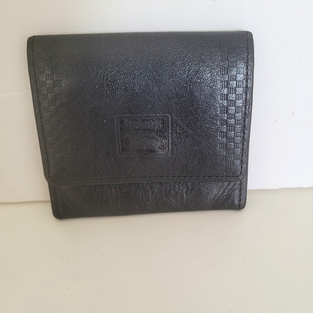 Vintage‎ Burberry Black Leather Coin Purse Nova Check Plaid Snap Wallet Small